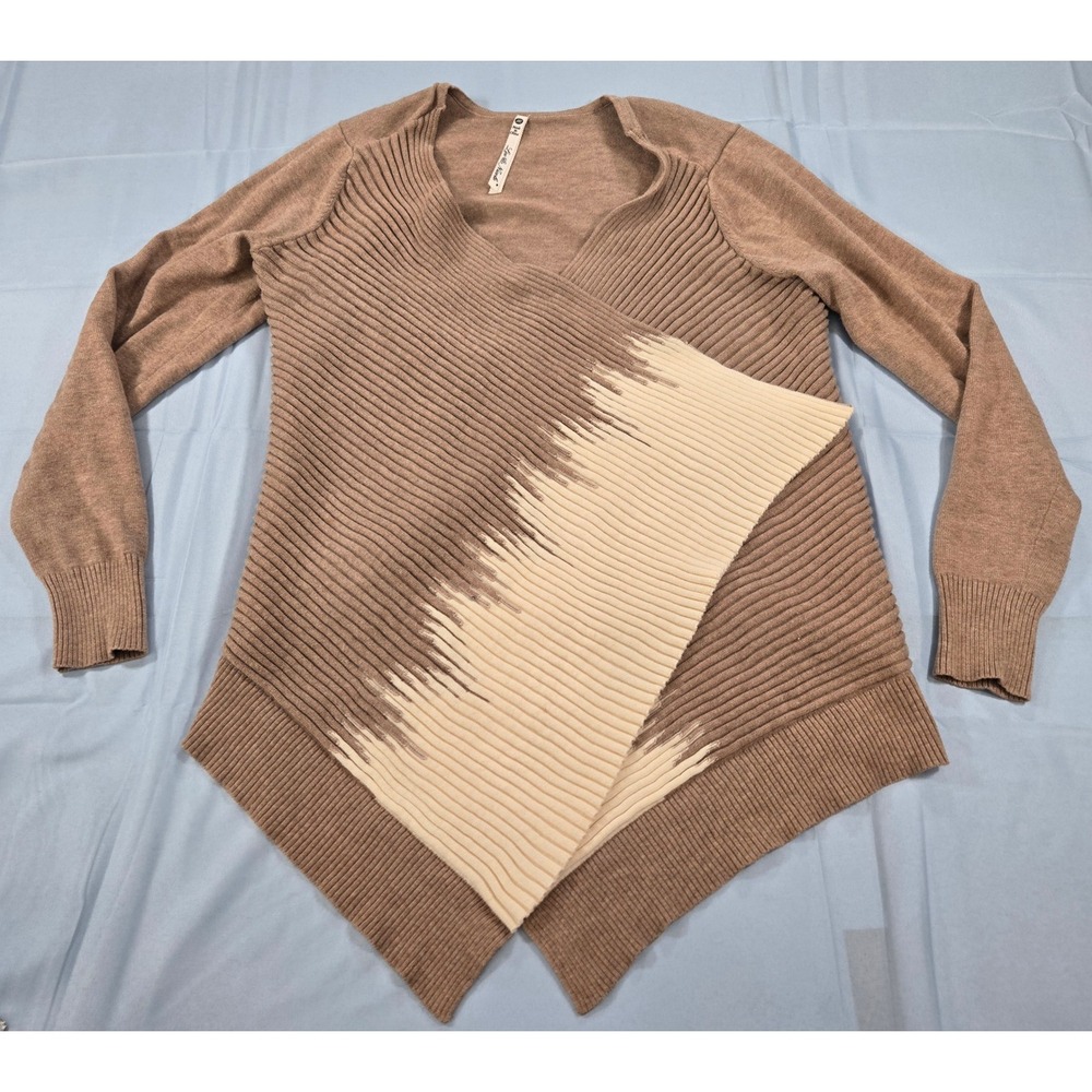 Leo & Nicole Womens Asymmetrical Ribbed Knit Wrap Sweater Taupe Cream Size M